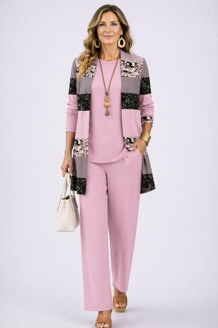 Mauve three-piece trouser set with patchwork jacket and matching top and trousers