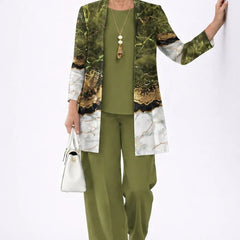 Three-piece trouser set with green floral blazer, olive top, and olive trousers