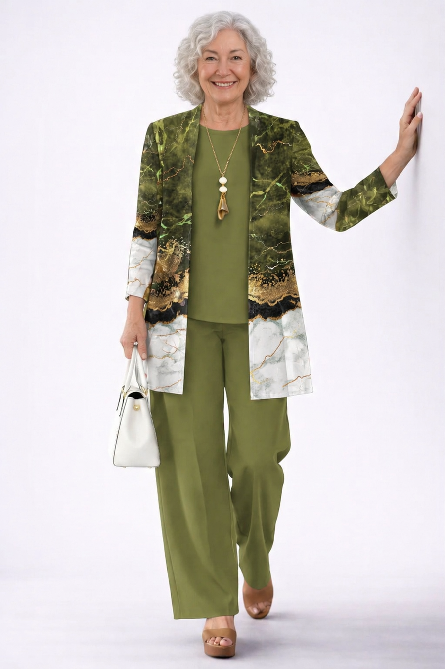 Women's olive three-piece trouser set with patterned jacket and straight-leg trousers