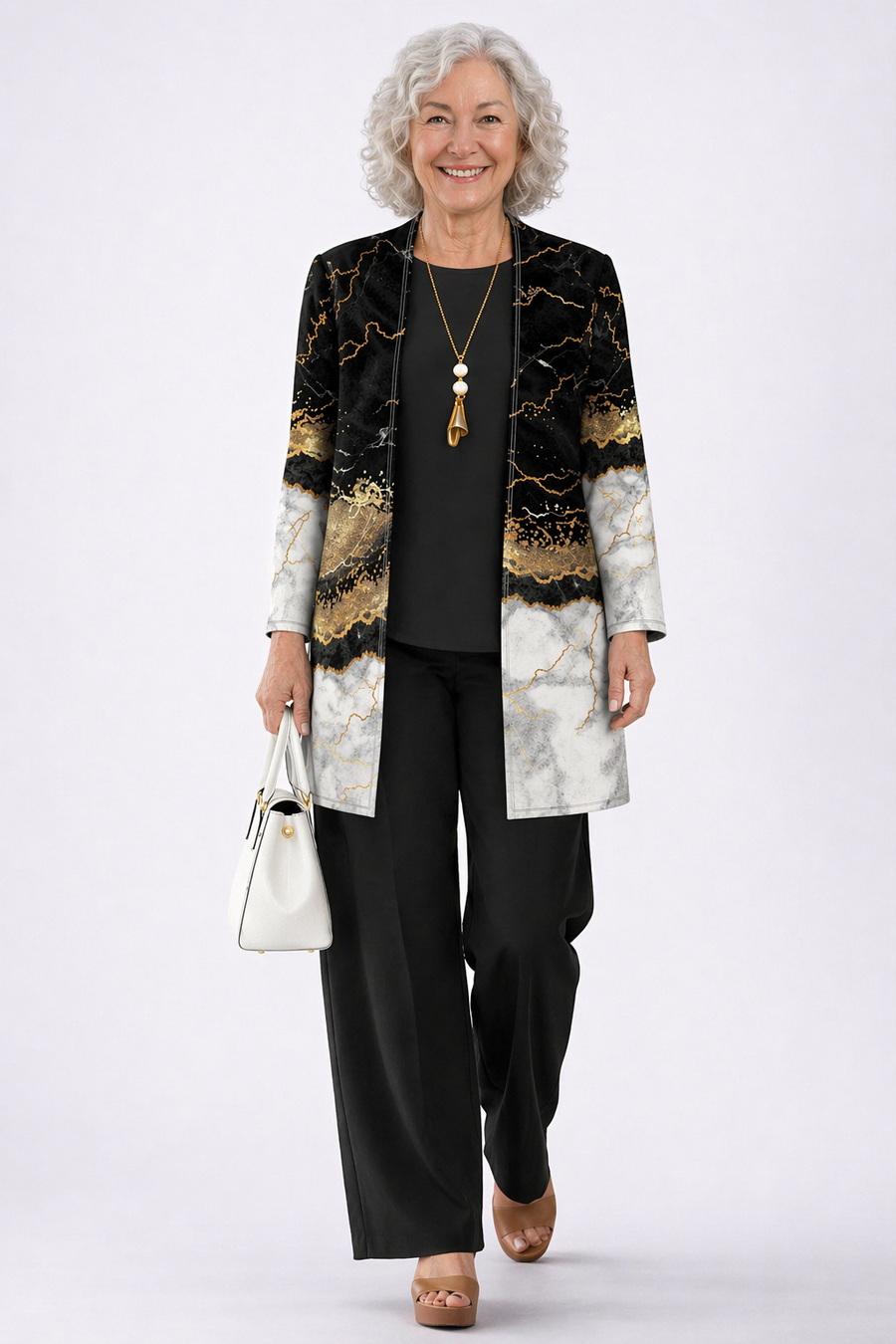 Women’s three-piece trouser suit with black trousers and patterned jacket