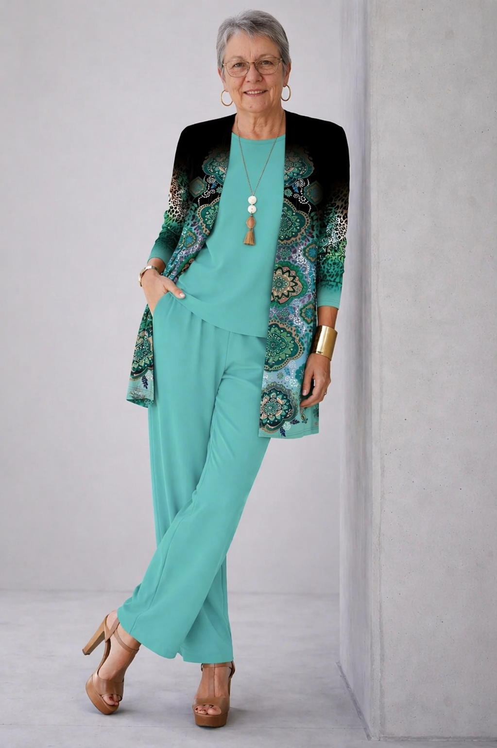 Women's teal three-piece trouser set with patterned blazer, vest, and wide-leg trousers