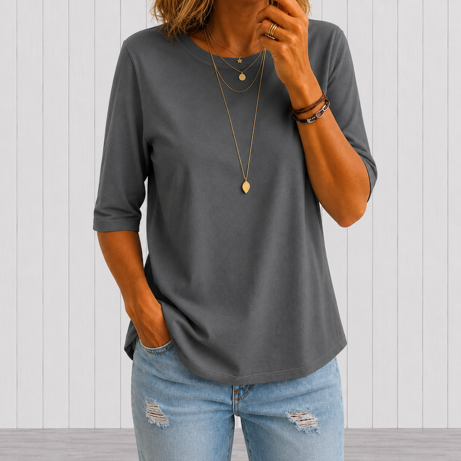 Grey comfort coverage tee, three-quarter sleeves, crew neck, relaxed fit