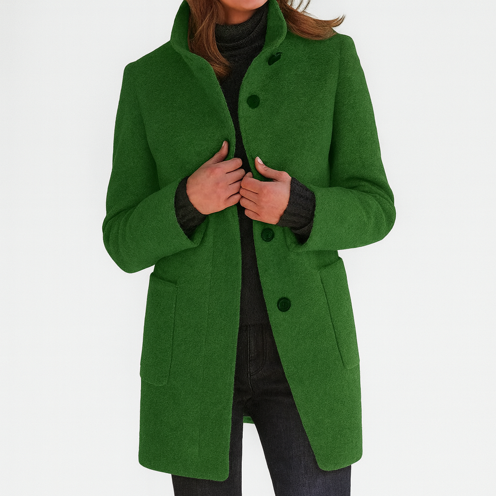 Green wool-blend coat with notch collar, button front, and side pockets