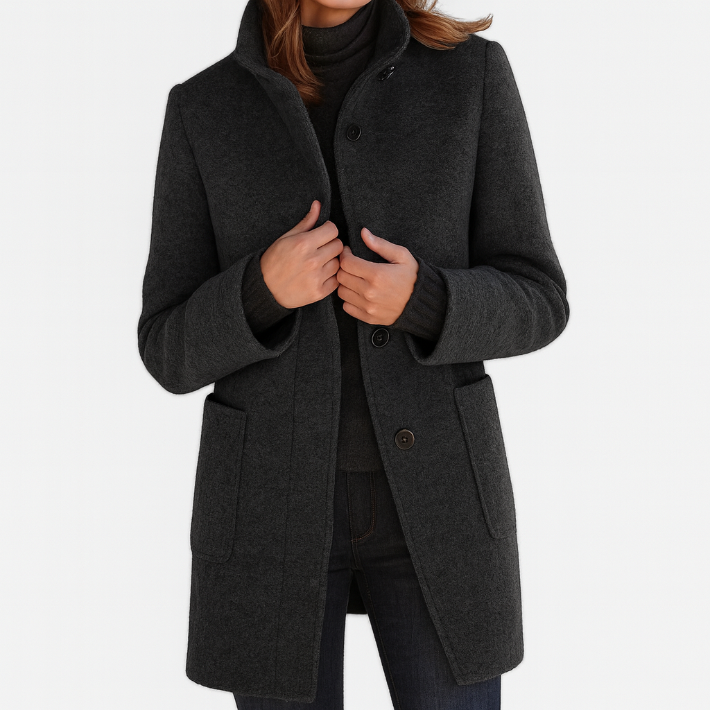 Black wool-blend coat with notch collar, button front, and side pockets