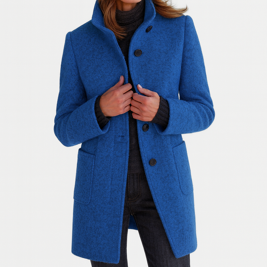 Blue wool-blend coat with notch collar, button front, and side pockets
