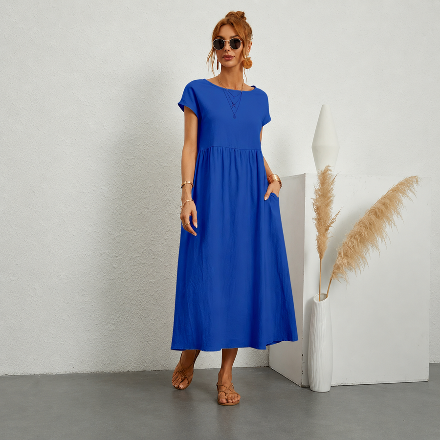 Abito midi blu intenso con maniche corte e scollo rotondo, vita arricciata