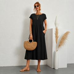 Abito midi nero con maniche corte e scollo rotondo, gonna arricciata
