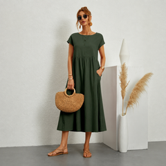 Abito midi verde scuro con maniche corte e scollo rotondo, gonna arricciata