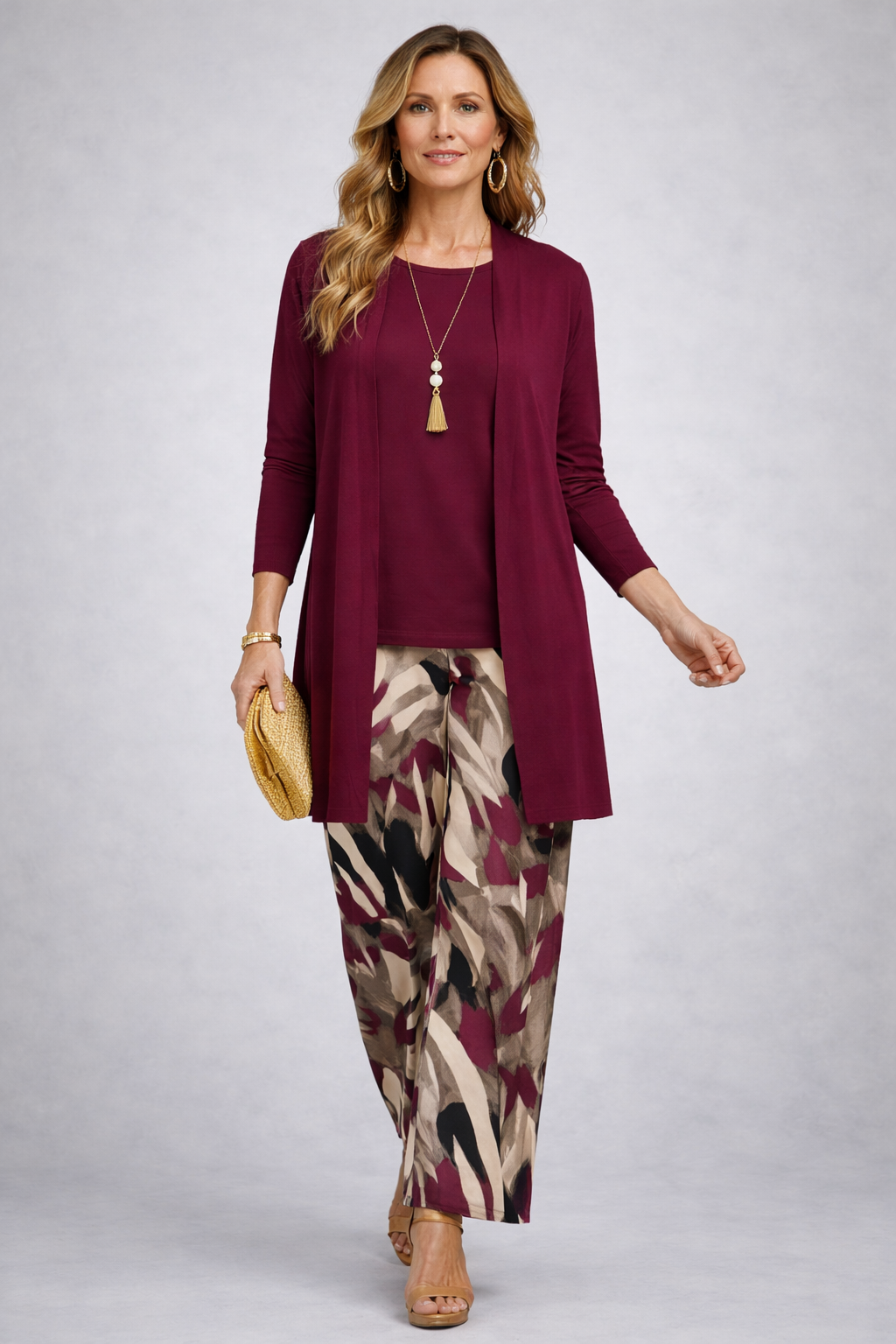 PENELOPE three-piece trouser set with maroon cardigan, top, and patterned trousers
