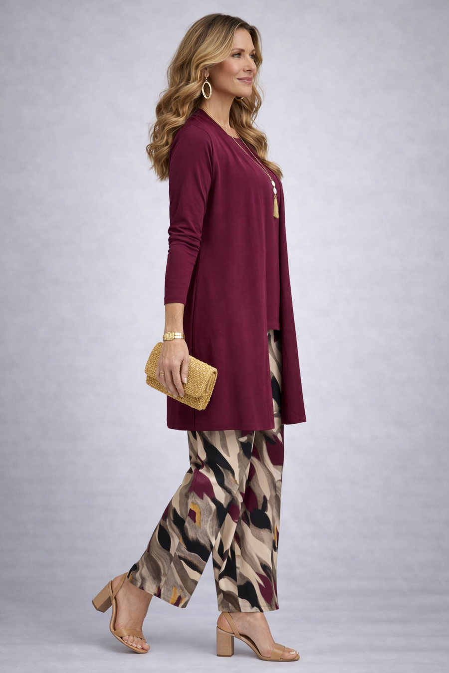 PENELOPE three-piece trouser set, maroon long cardigan and wide-leg patterned trousers