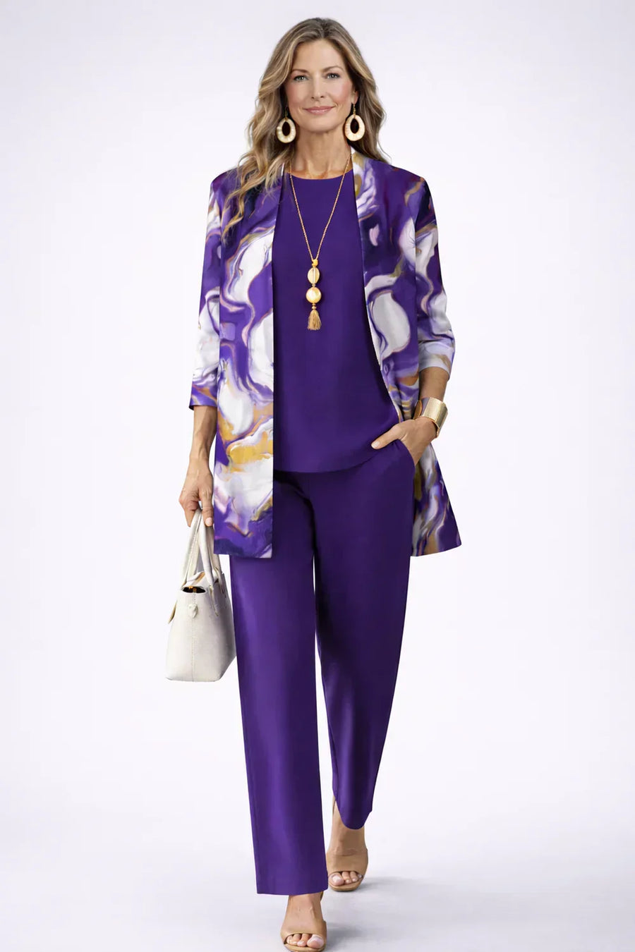 Women's three-piece trouser set in purple with abstract print kimono-style jacket