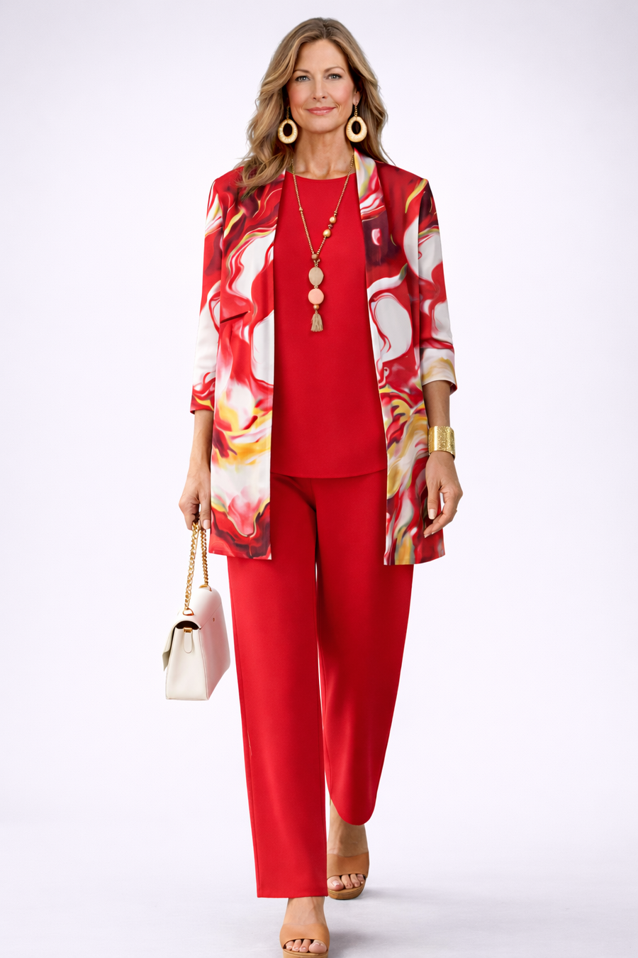 Three-piece trouser set: red trousers, red patterned tunic top and open jacket