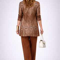 Three-piece trouser set with back view of brown sequined jacket and matching wide-leg trousers