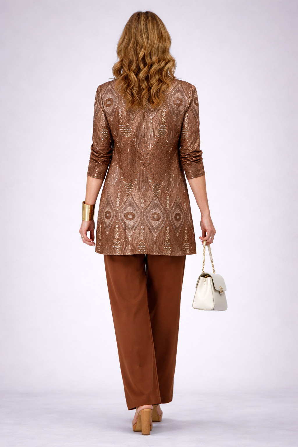 Three-piece trouser set with back view of brown sequined jacket and matching wide-leg trousers