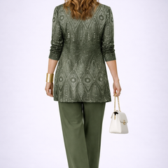 Olive green three-piece trouser set with patterned jacket back and straight ankle-length trousers