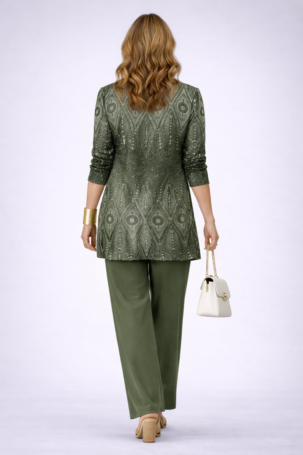 Olive green three-piece trouser set with patterned jacket back and straight ankle-length trousers
