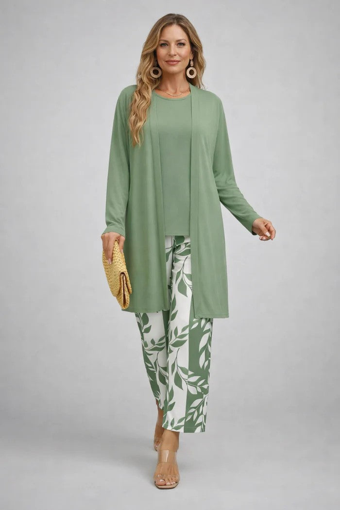 Light green three-piece trouser set with long cardigan and leaf-print trousers