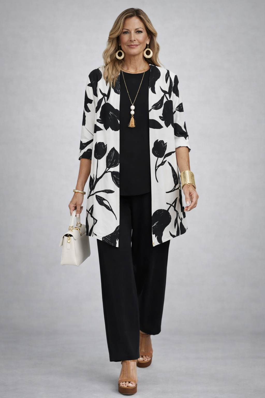 Three-piece trouser set: white floral open-front jacket, black trousers, black top