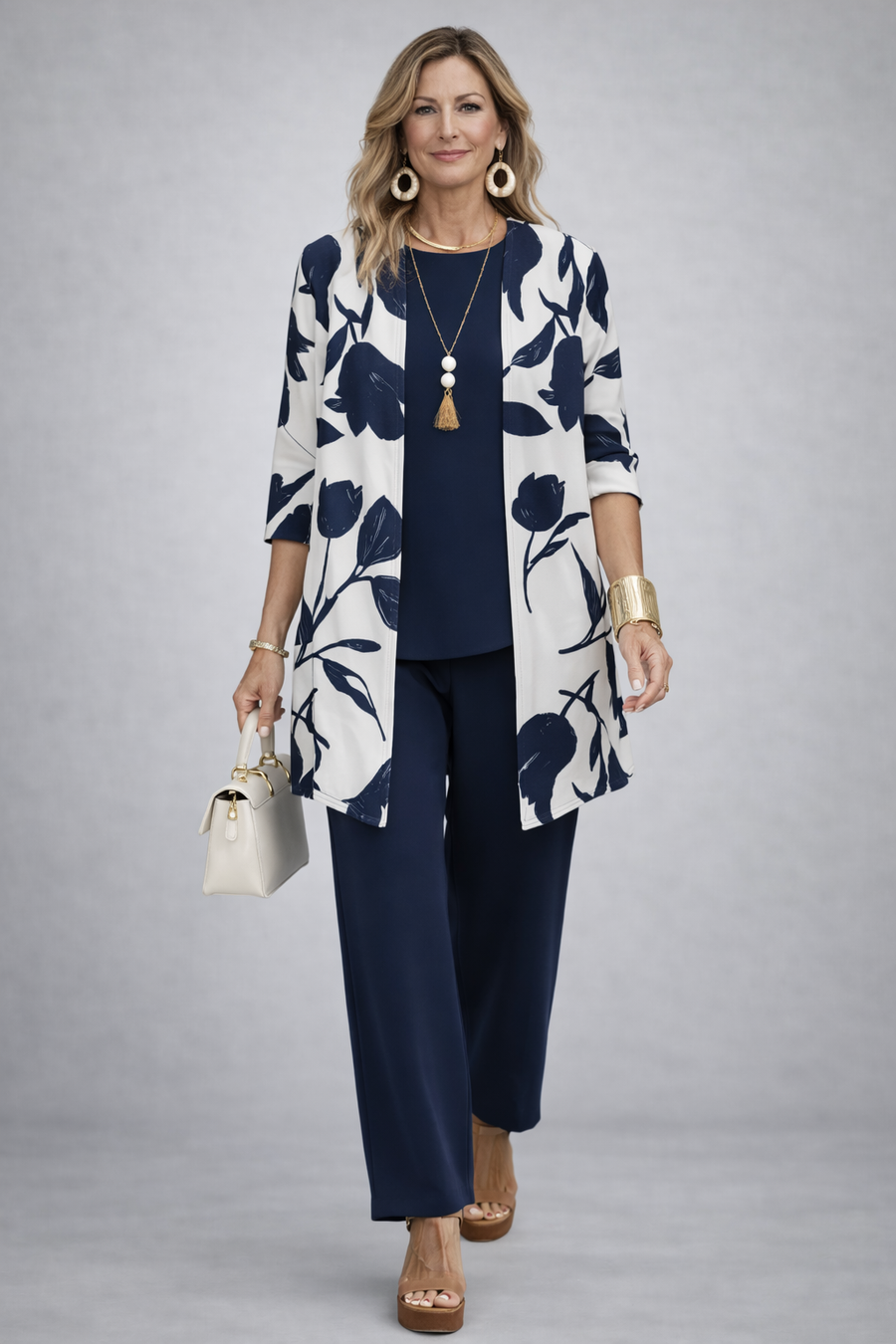 ANNETTE elegant three-piece trouser set: navy trousers and floral white jacket, navy top