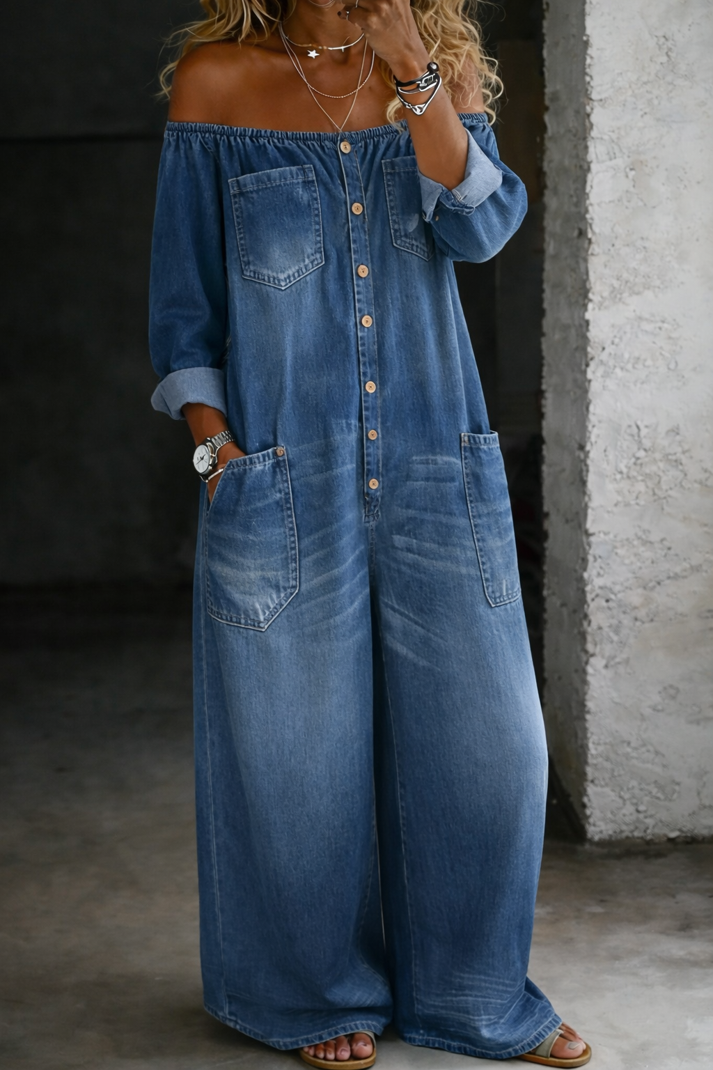 Blue off-shoulder denim long-sleeve overall with front button placket and chest pockets