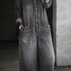 Grey off-shoulder denim long-sleeve overall with front buttons and side cargo pockets