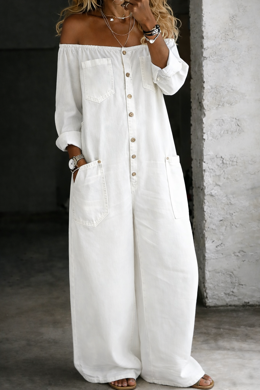 White off-shoulder denim long-sleeve overall with button front and chest patch pocket