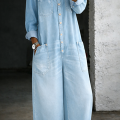 Light blue off-shoulder denim long-sleeve overall with button front and chest pocket