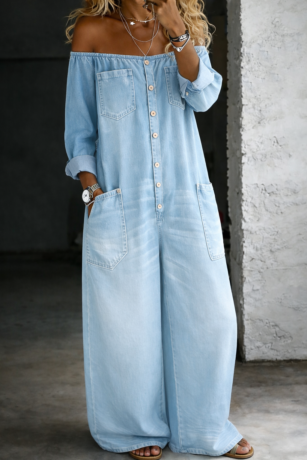 Light blue off-shoulder denim long-sleeve overall with button front and chest pocket
