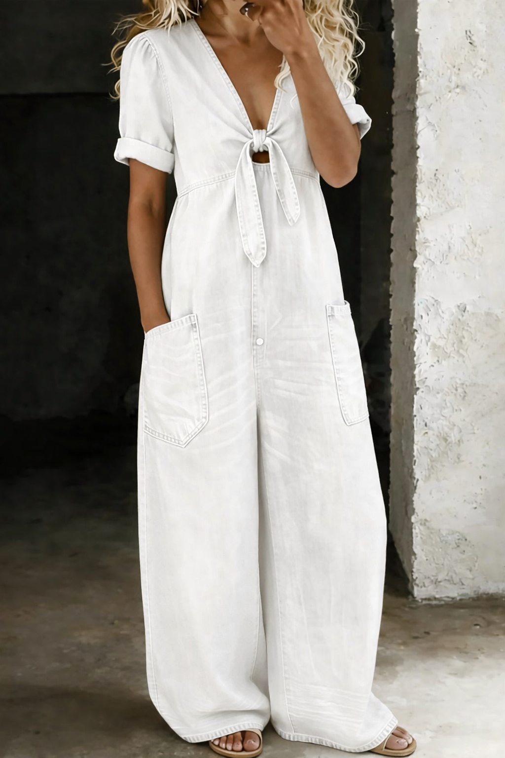 White denim V-neck short-sleeve overall with tie front and two front pockets