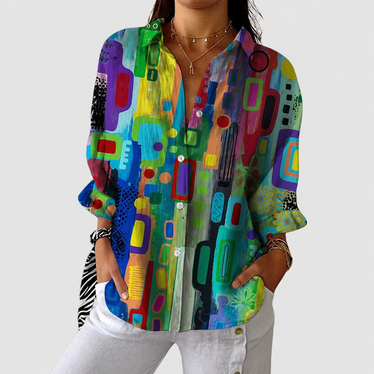 Blusa leggera a maniche lunghe con bottoni, fantasia geometrica multicolore