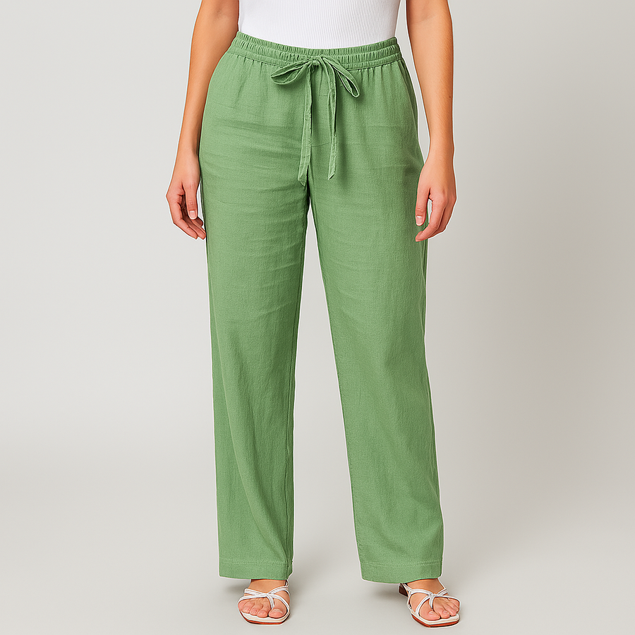 Green linen-look wide-leg trousers with tie belt and elastic waist