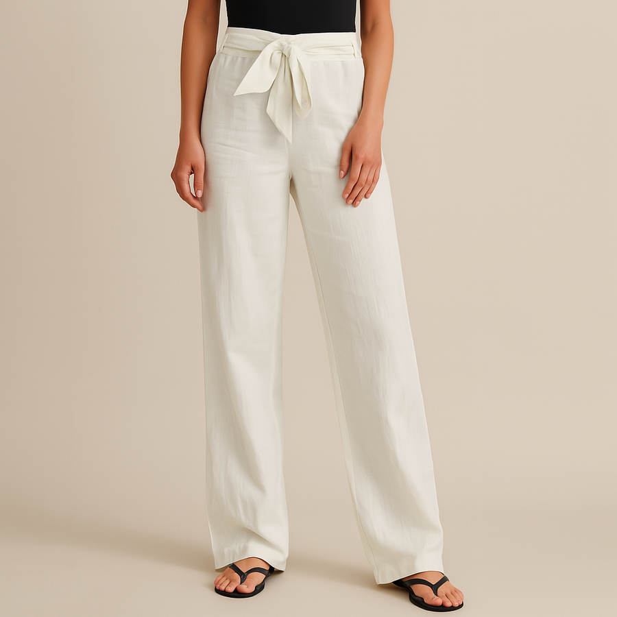 White linen-look wide-leg trousers with tie belt and elastic waist