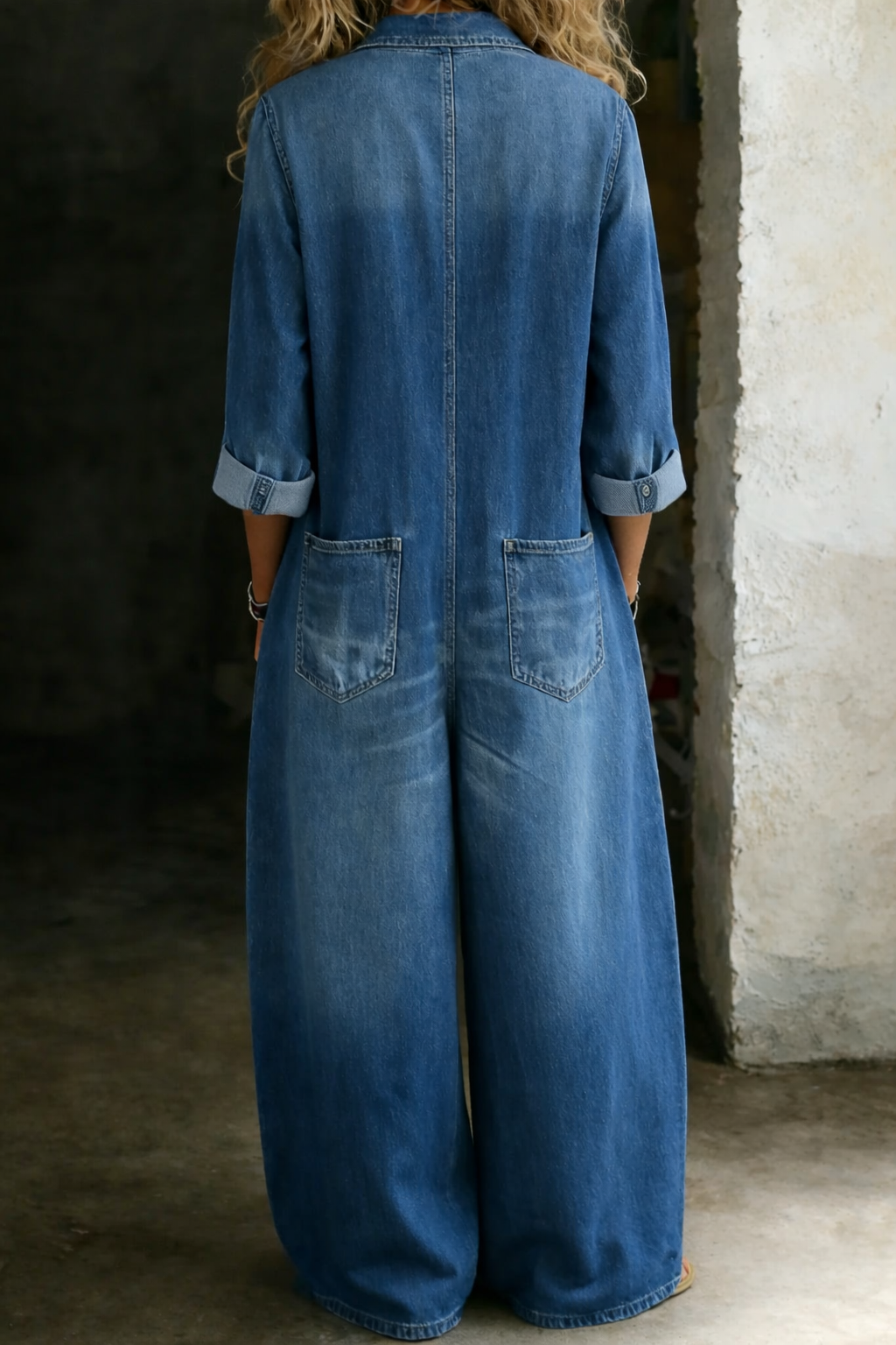 Blue denim overall back view with waist seam and patch pockets at sides