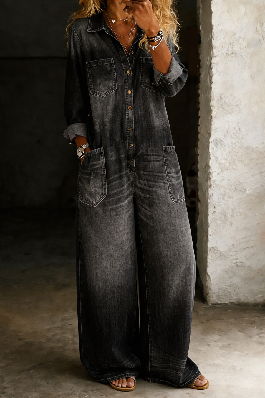 Black denim overall with button-front, chest pocket, and wide-leg fit