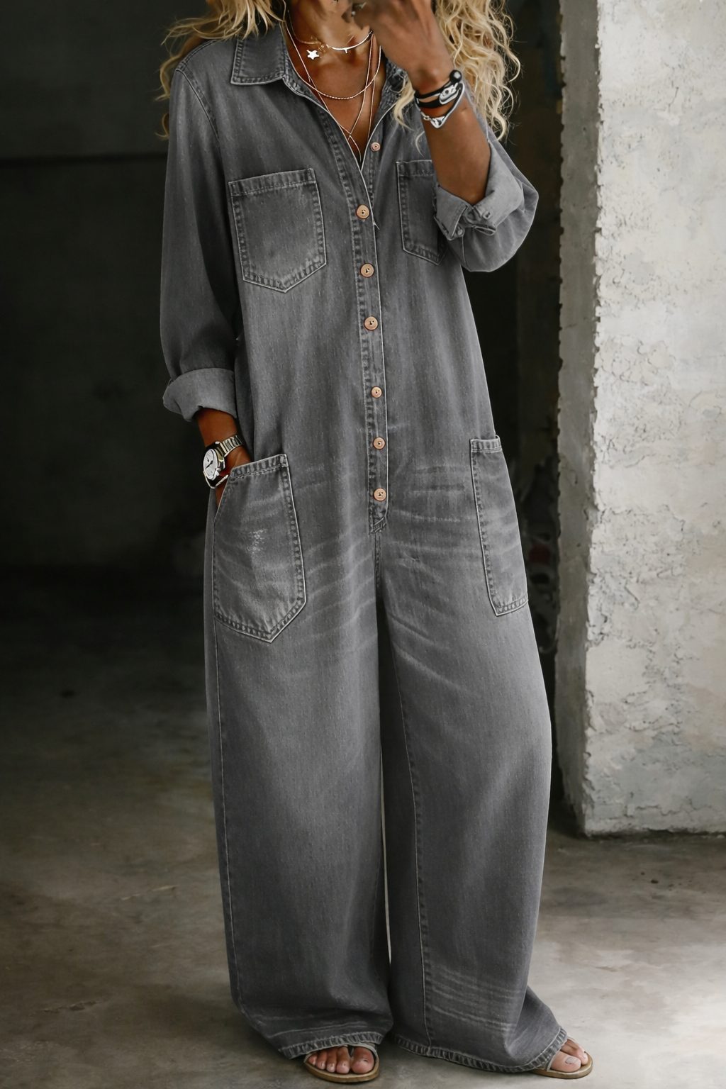 Grey washed denim overall with button-front, two chest pockets, long sleeves