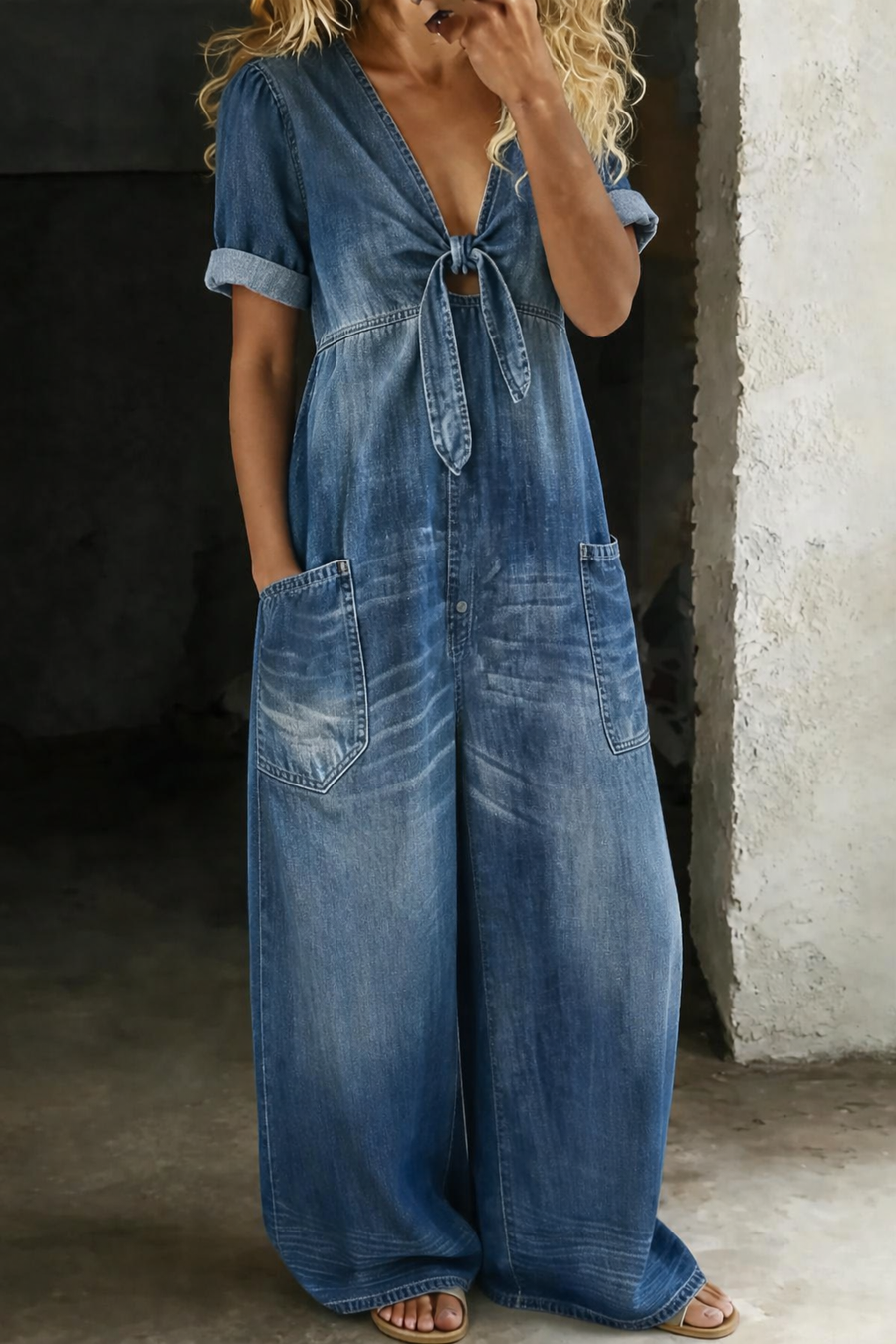 Blue denim V-neck short-sleeve overall with tie front and two front pockets