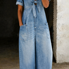 Light blue denim V-neck short-sleeve overall with tie front and two front pockets