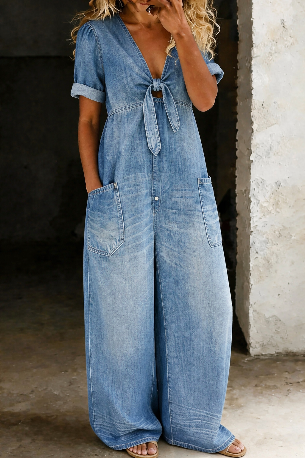 Light blue denim V-neck short-sleeve overall with tie front and two front pockets