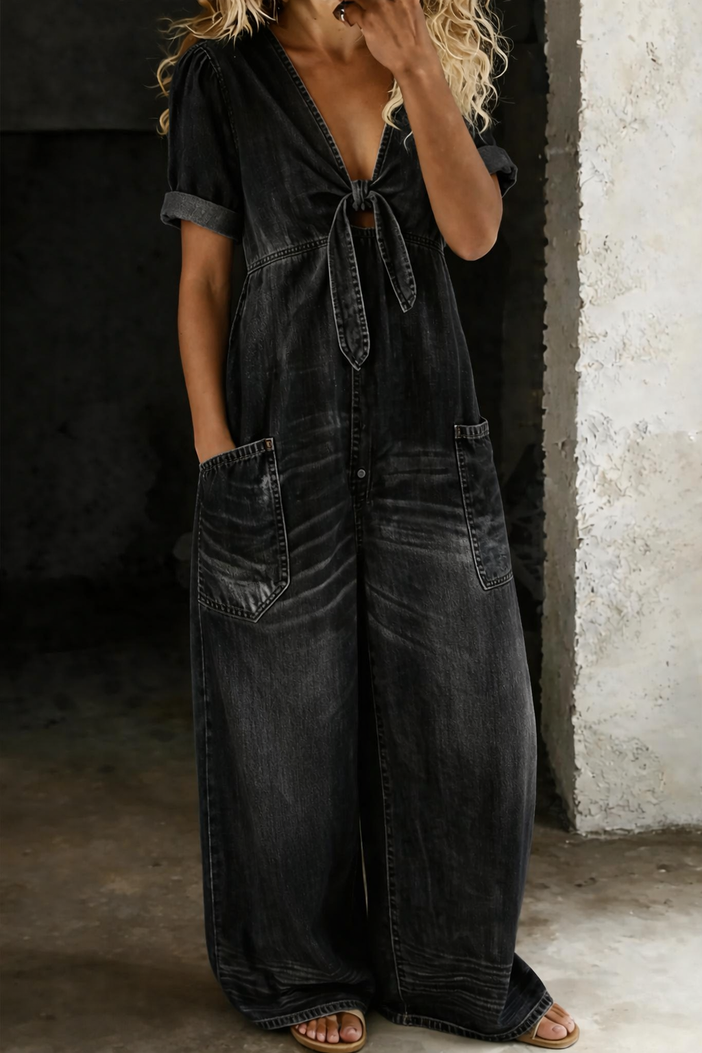 Black denim V-neck short-sleeve overall with tie front and two front pockets