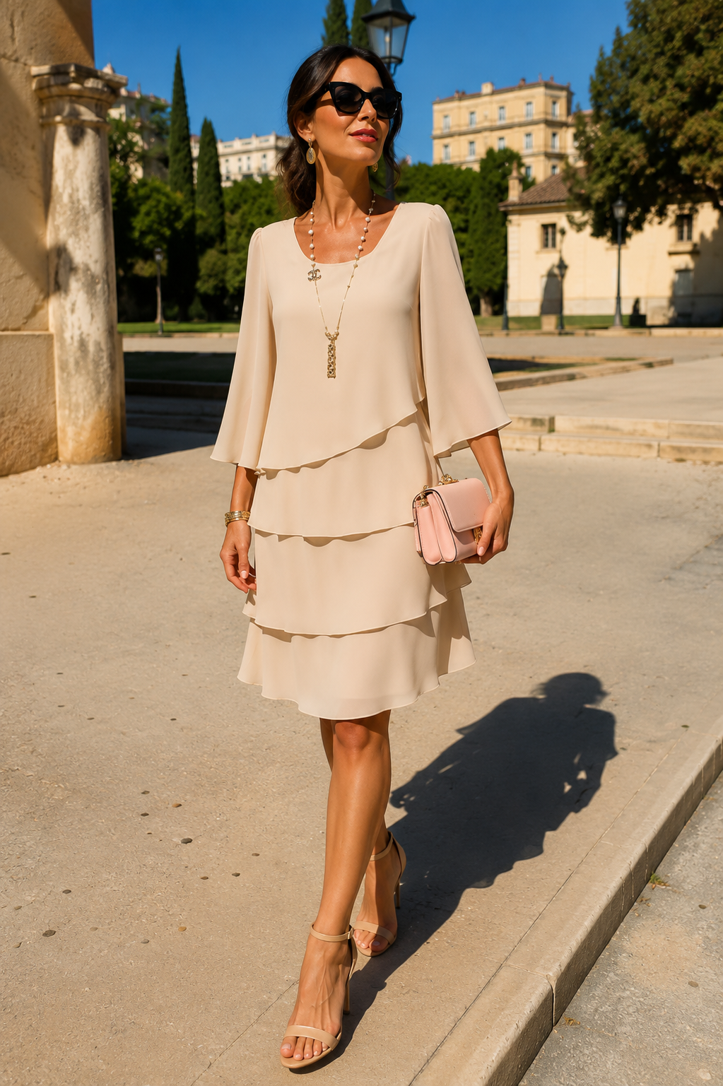 Abito elegante color crema con volant a balze e maniche a tre quarti