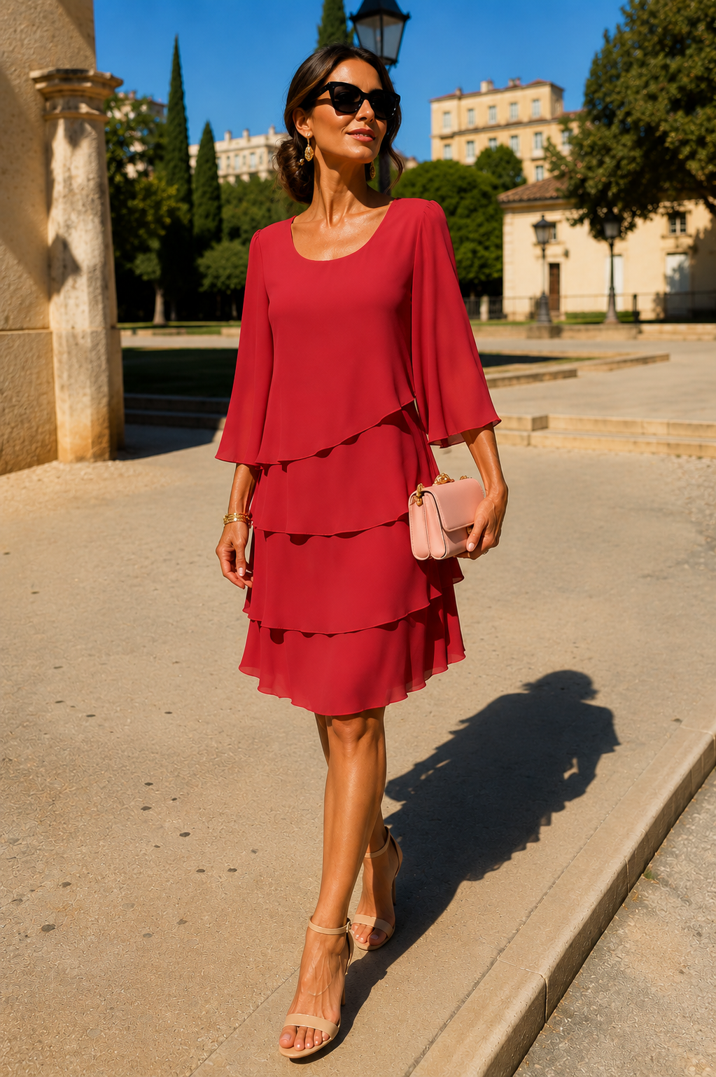 Abito elegante rosso con volant a balze e maniche a tre quarti