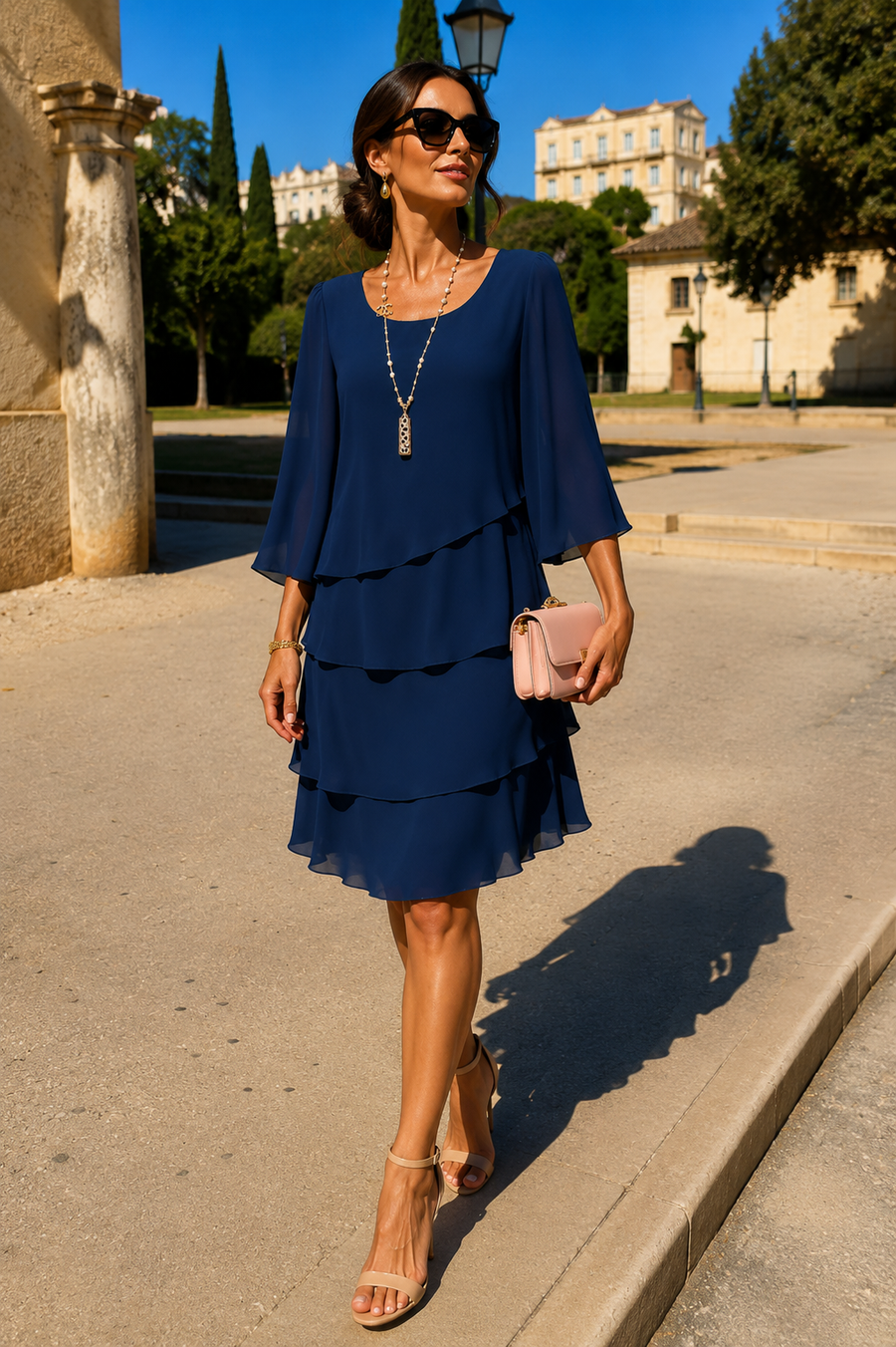 Abito elegante blu navy con volant a balze e maniche a tre quarti