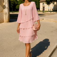 Abito elegante rosa con volant a balze e maniche a tre quarti