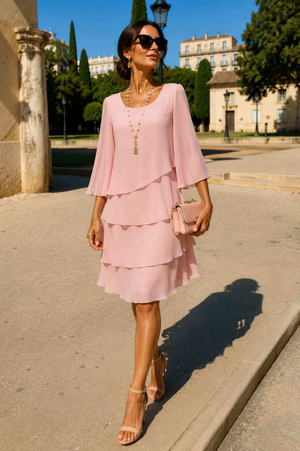 Abito elegante rosa con volant a balze e maniche a tre quarti