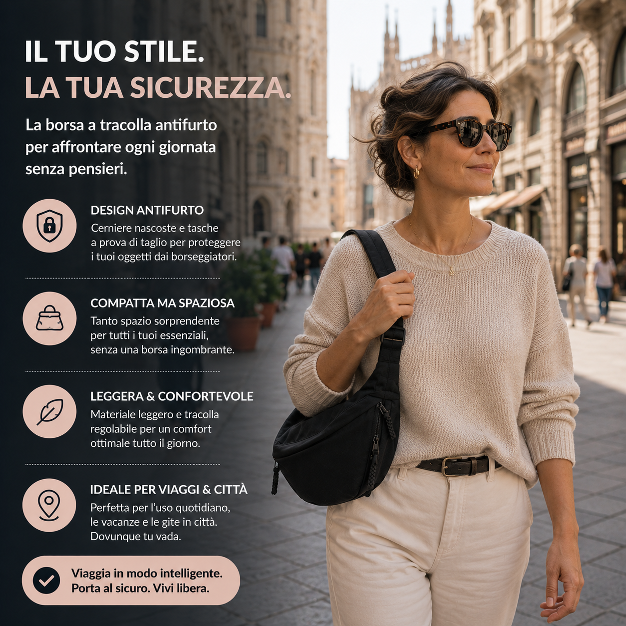 Borsa a tracolla elegante nera con chiusura lampo e tracolle regolabili