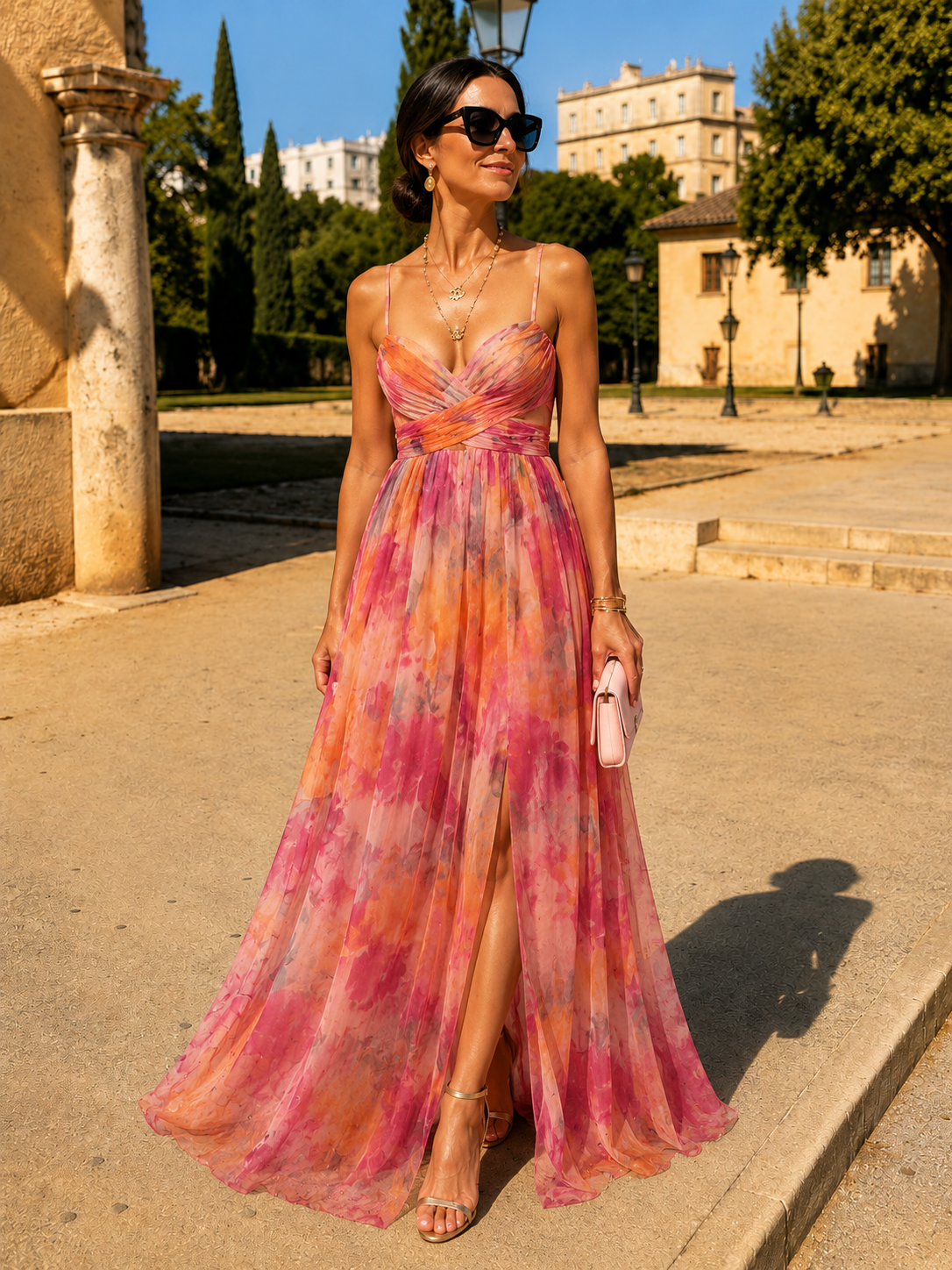 Vestito lungo con spalline sottili e scollo a V, fantasia acquerello rosa-arancio, spacco centrale