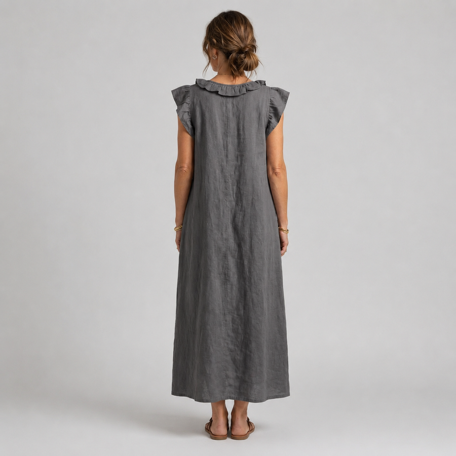 Grey ruffle collar maxi dress with cap sleeves from the back