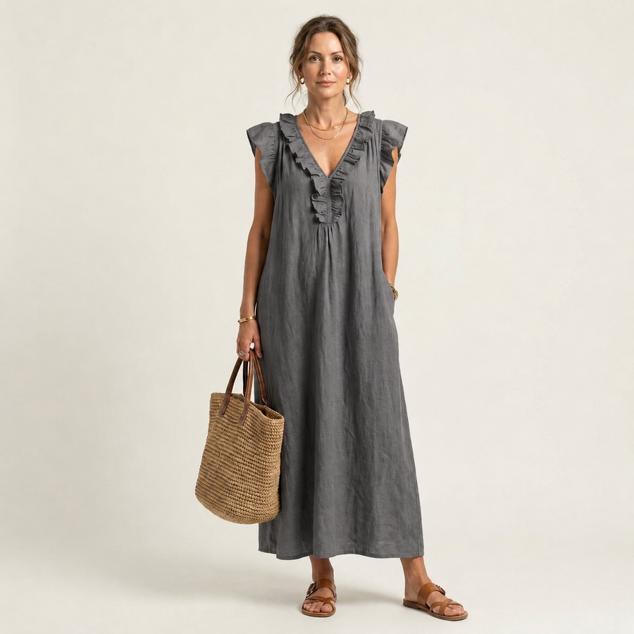 Grey ruffle V-neck maxi dress with cap sleeves and gathered front