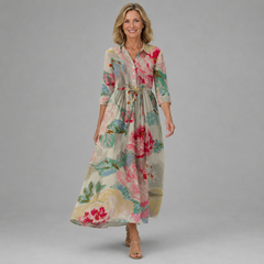 Multi floral maxi dress with V-neck button front, 3/4 sleeves and gathered waist