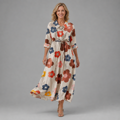 Multicolor floral retro dress with tie waist, V-neck and long skirt